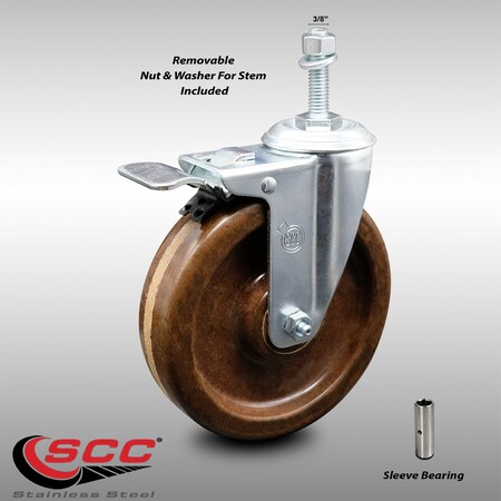 Service Caster 5 Inch SS High Temp Phenolic 3/8 Inch Threaded Stem Caster with Total Lock Brake SCC-SSTSTTL20S514-PHSHT-381615